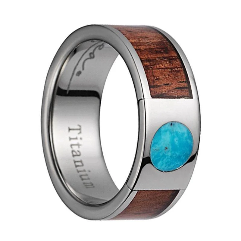 Titanium Wedding Band Pink Ivory Wood Turquoise Inlay & Polished Edges - 8mm