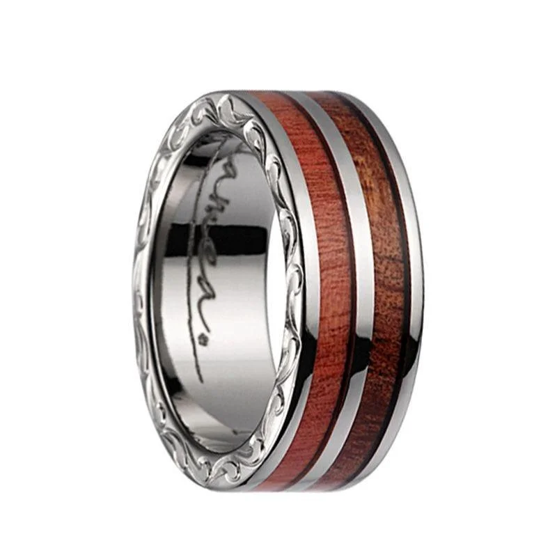 Titanium Wedding Band With Pink Ivory 2Tone Inlay, Polished Edges, & Side Pattern - 7mm