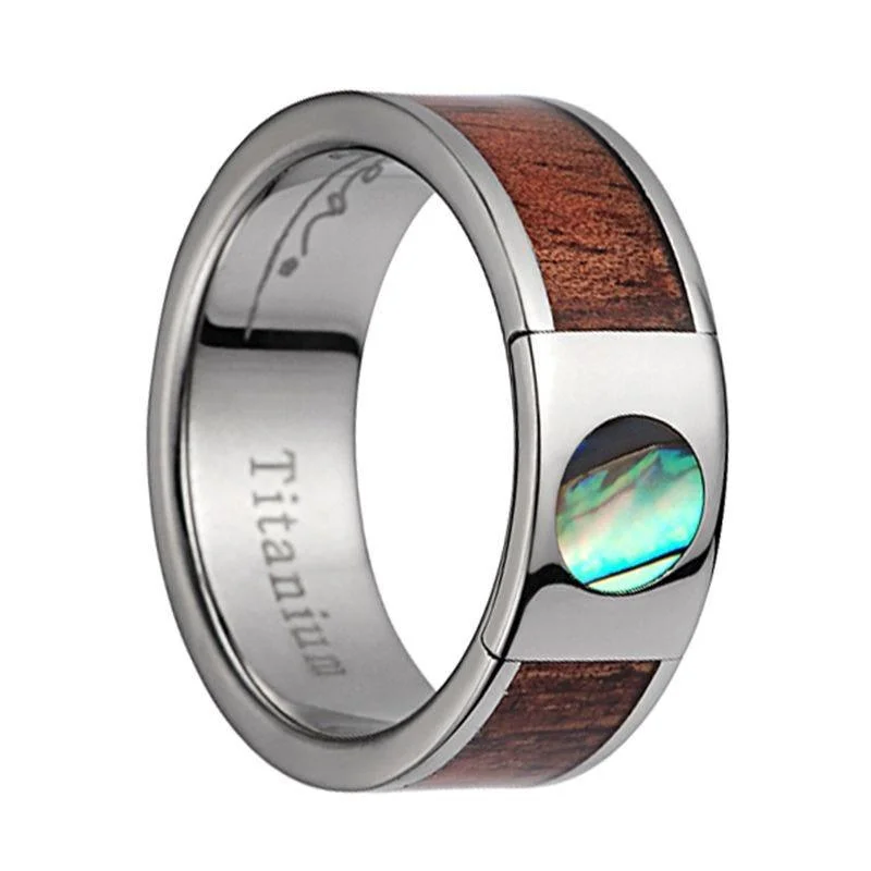 Titanium Wedding Band With Pink Ivory Wood/Abalone Inlay & Polished Edges - 8mm