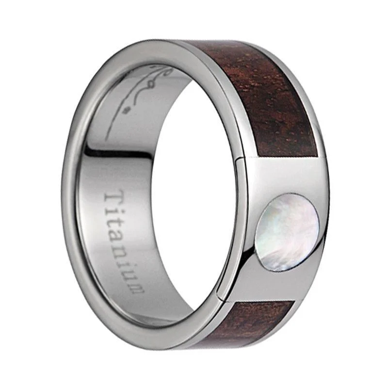 Titanium Wedding Band With Pink Ivory Wood/Mother of Pearl Inlay & Polished Edges - 8mm