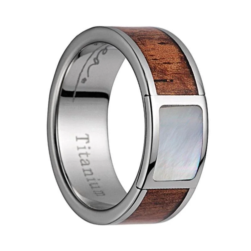 Titanium Wedding Band With Pink Ivory Wood/Mother of Pearl Inlay & Polished Edges - 8mm