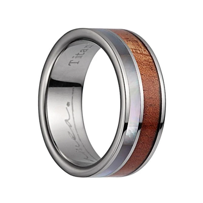 Titanium Wedding Band With Polished Edges & Pink Ivory Wood/Mother of Pearl Inlay - 8mm