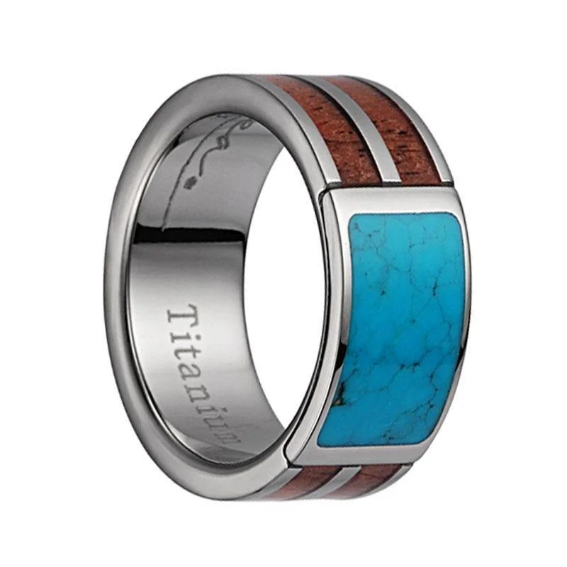 Titanium Wedding Band With Polished Edges & Pink Ivory Wood/Turquoise Inlay - 8mm