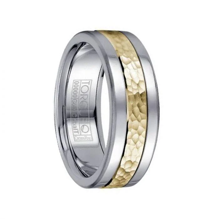 White Cobalt Men’s Wedding Band with Hammered 14k Yellow Gold Inlay & Dual Grooves - 7.5mm